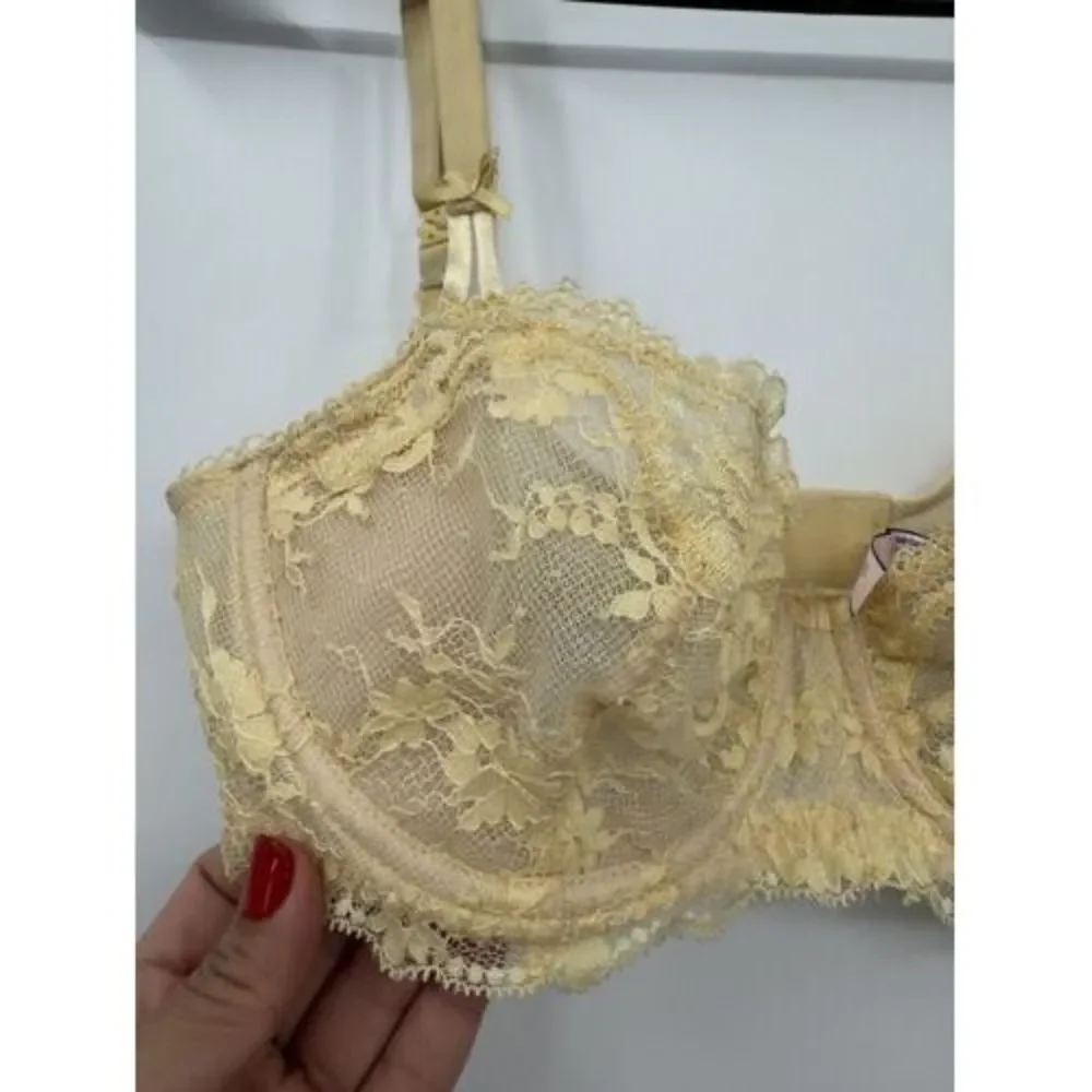 Victoria's Secret 32DD Dream Angels Demi Bra‎ Women Yellow Floral Lace Unlined
